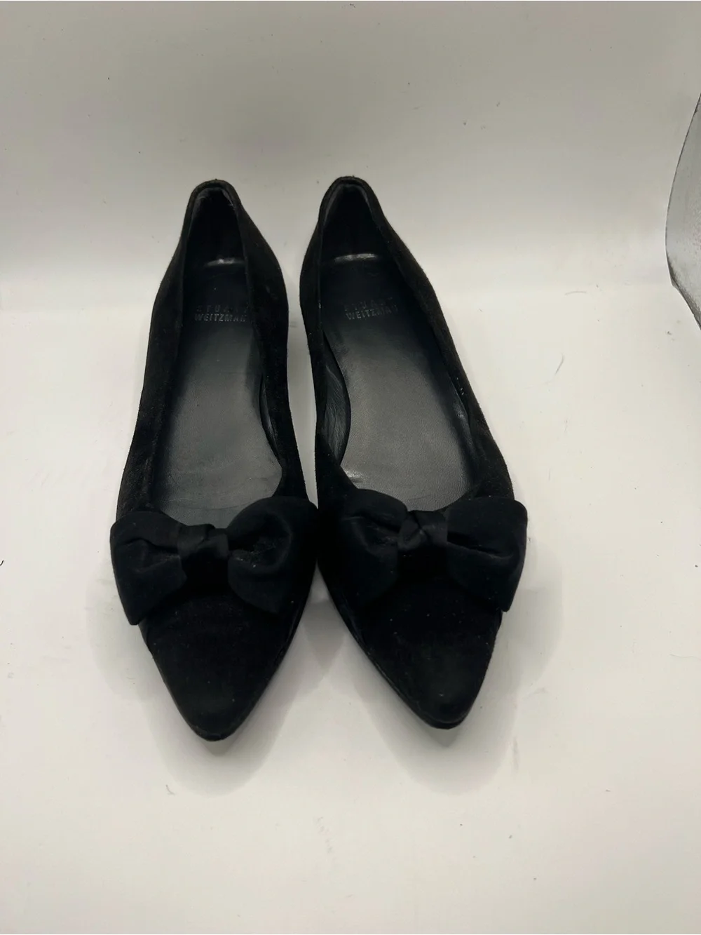 Stuart Weitzman Black Suede Pointed Toe Flats with Bow